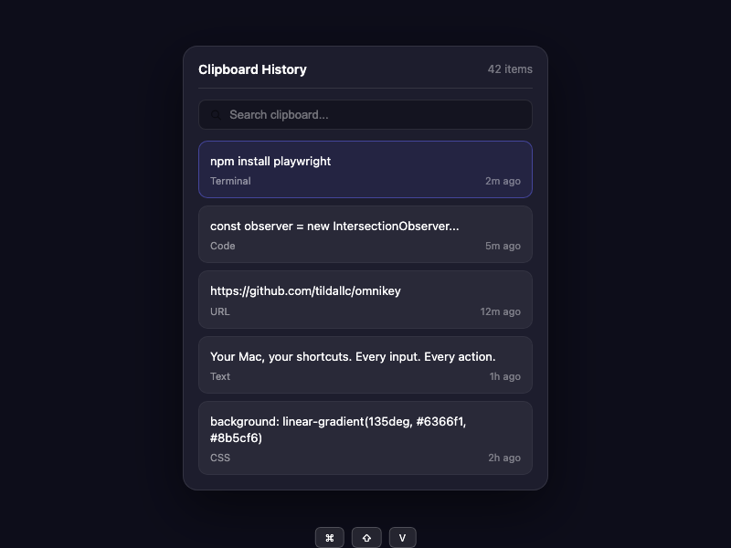 OmniKey Clipboard History — searchable panel with source app icons and timestamps