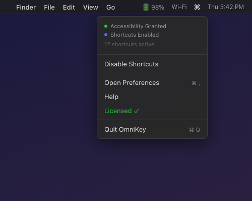 OmniKey menu bar dropdown