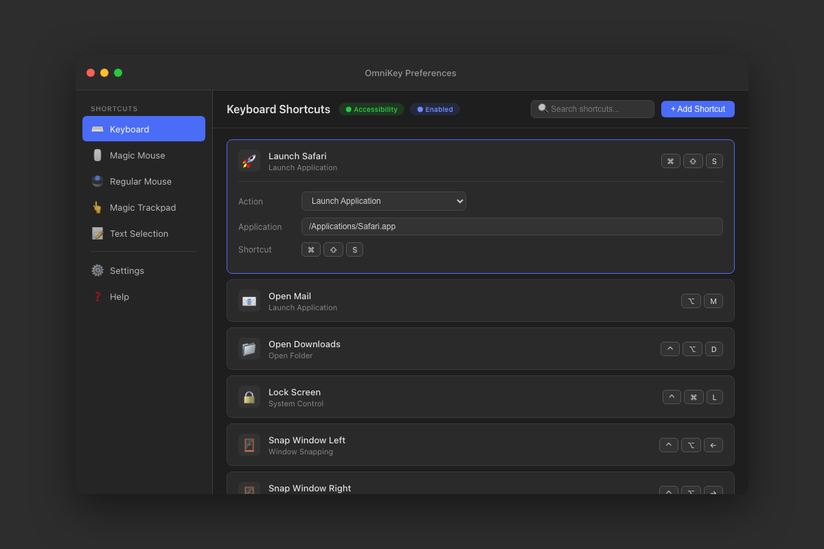 OmniKey Preferences — Keyboard Shortcuts