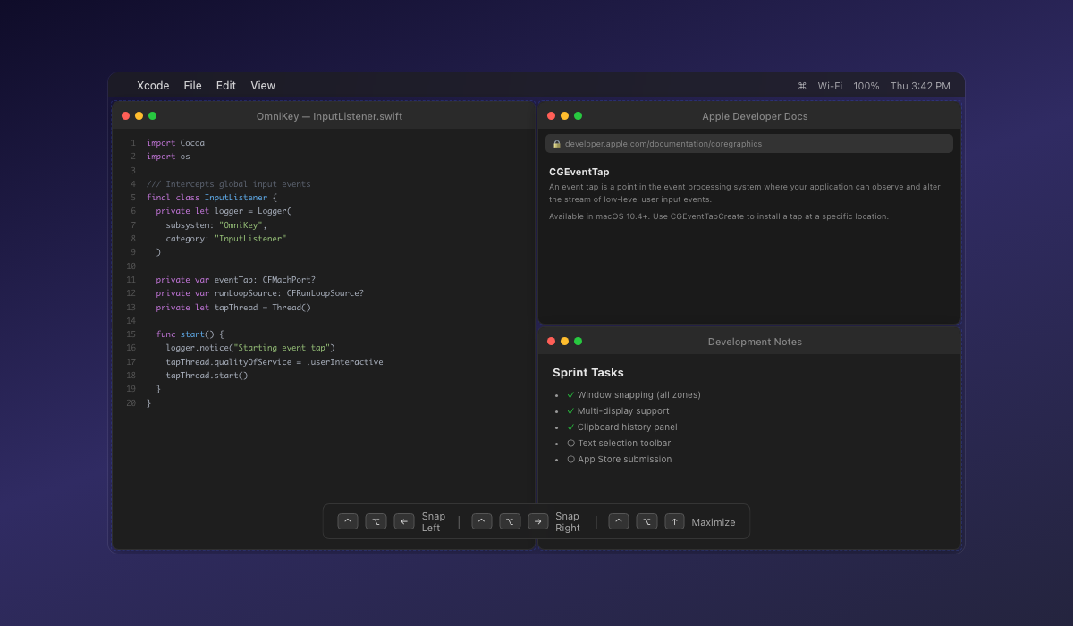 Desktop with snapped windows — Xcode, Safari, and Notes